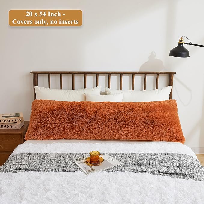 XeGe Shaggy Faux Fur Body Pillow Cover, Fluffy Long Bed Pillowcase with Zipper, Soft Decorative Plush Furry Body Pillowcase, Terracotta Fuzzy Pillow Sham for Kids Girls Women 20"x54", Burnt Orange