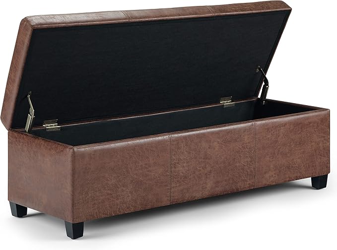 SIMPLIHOME Avalon Storage Ottoman Bench - 48" Wide x 16" High Upholstered Vegan Leather Rectangular Lift-Top Ottoman in Distressed Umber Brown, Contemporary Storage Bench with High-Density Foam