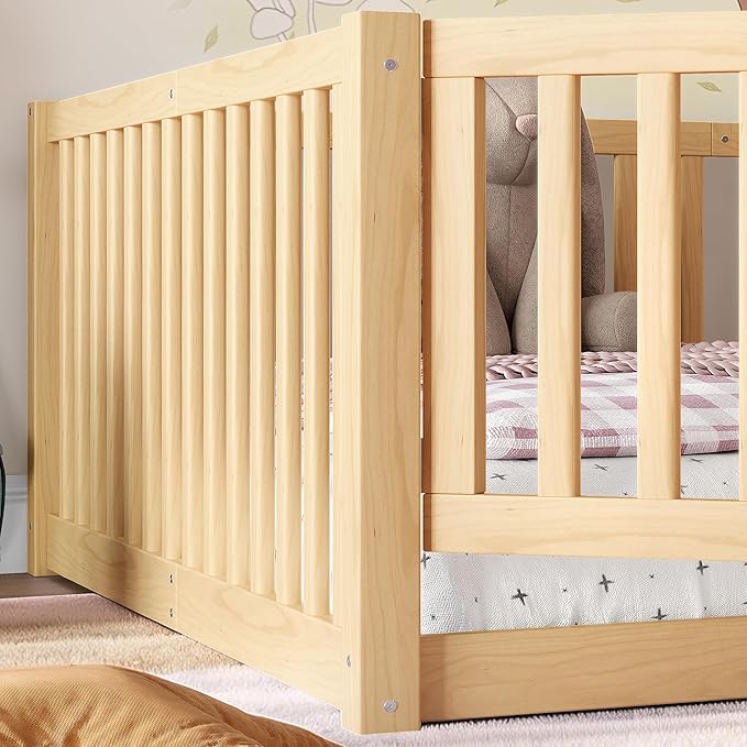 Bellemave Full Montessori Floor Bed with 23.5" High Rails, Pine,Plywood Full Floor Bed with Small Door, Natural