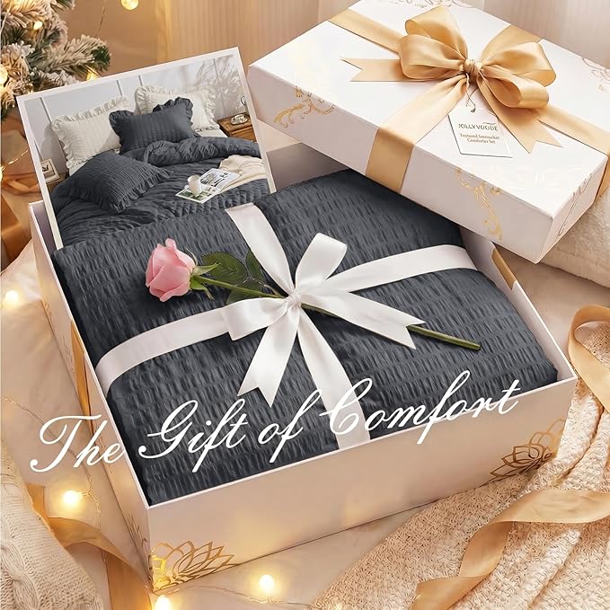 JOLLYVOGUE Dark Gray Queen Comforter Set, 3 Pieces Seersucker Bedding Comforter Sets, All Season Bed in a Bag Queen, Lightweight & Fluffy Queen Bedding Set with 1 Comforter, 2 Ruffle Pillowshams