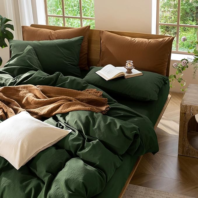 MooMee Bedding Duvet Cover Set 100% Washed Cotton Linen Like Textured Breathable Durable Soft Comfy (Solid Forest Green, Alaska King 132"x120")