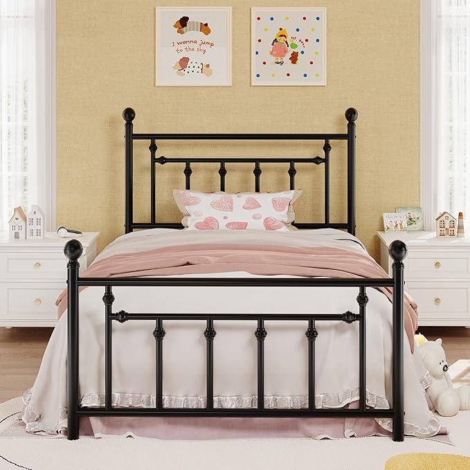 SHA CERLIN 14" Twin Size Metal Platform Bed Frame/Victorian Headboard and Footboard/Steel Slats Mattress Foundation for Storage/No Box Spring Needed/Noise Free/Black