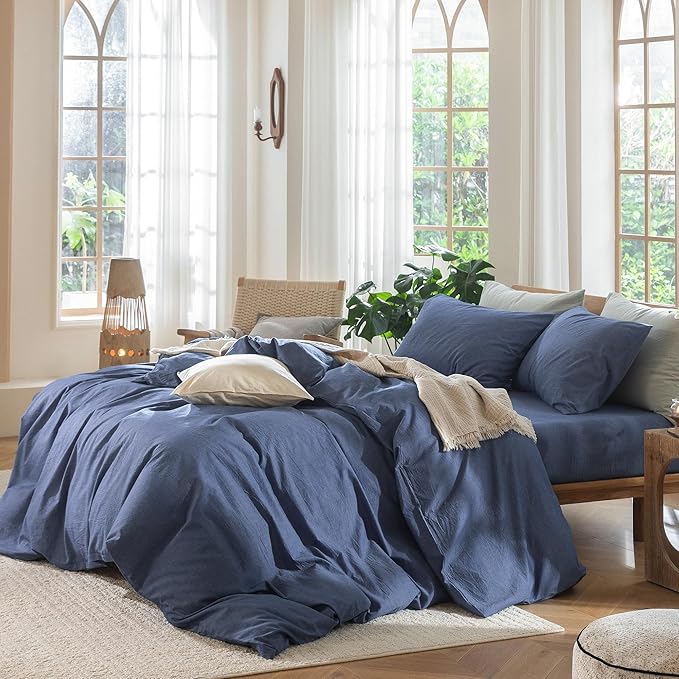 MooMee Bedding Duvet Cover Set 100% Washed Cotton Linen Like Textured Breathable Durable Soft Comfy (Heathered Blue, Super King 108"x98")