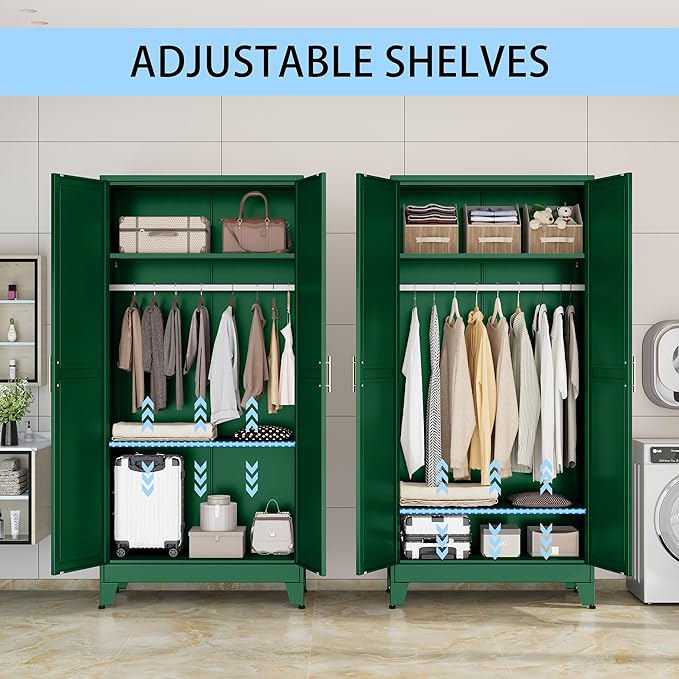 71 "Metal Armoire Wardrobe Closet, Steel Clothing Storage Cabinet with Adjustable Shelves and Hanging Rod, Household Steel Wardrobes Storage Cabinet with Adjustable standing feet (Wardrobe-Green)