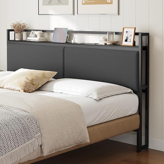 YATINEY King Size Headboard with Storage Shelves, Upholstered Headboard with Charging Station, Height Adjustable, Sturdy and Stable, Vintage Style, Black