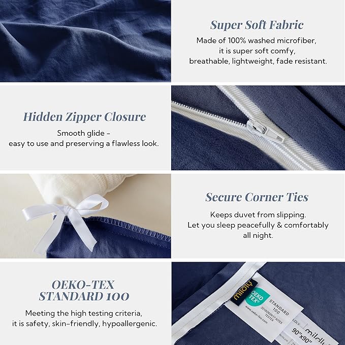 MILDLY Super Soft Duvet Cover - 100% Washed Microfiber Navy Blue Comforter Cover Set 3 Pieces with Zipper Closure & Corner Ties (No Comforter)