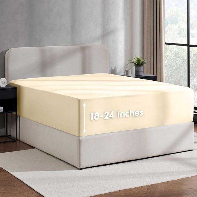 Nestl Beige Cream Extra Deep Pocket Twin Fitted Sheet Kids, Luxury Twin Size Fitted Sheet Only Easily Fits 18 to 24 Inch Mattress, Super Soft, Wrinkle-Free, and Breathable Sheets with Corner Straps