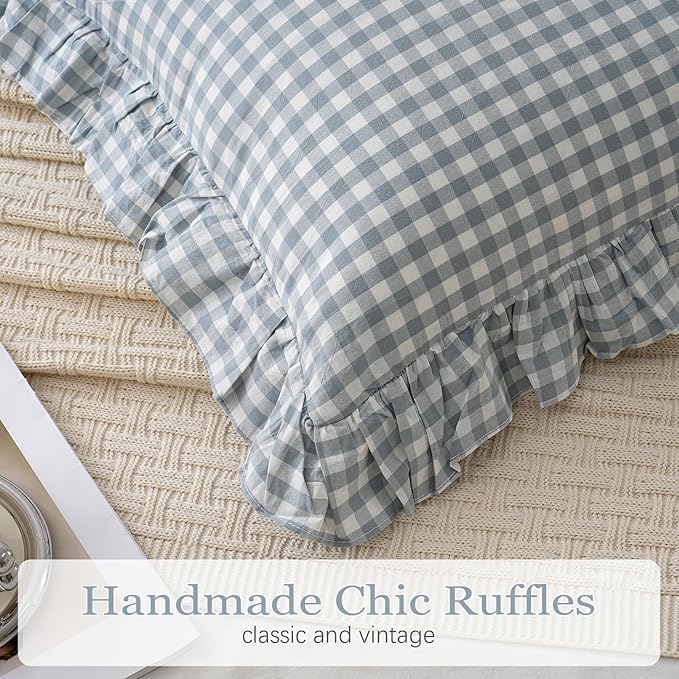 2 Pack Blue White Plaid Ruffle Throw Pillow Covers Farmhouse Checkered Chic Washed Cotton Pillowcases Gingham Pillow Shams for Bed, Sofa, Living Room-20"x20" Blue