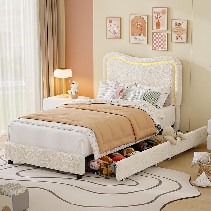 GarveeHome Upholstered LED Twin Bed Frames for Kids with 2 Drawers and Headboard, Cute Twin Bed with Storage for Girls, Boys, Sturdy Platform Bed, No Box Spring Needed, Wooden Slats, Noise Free, Beige