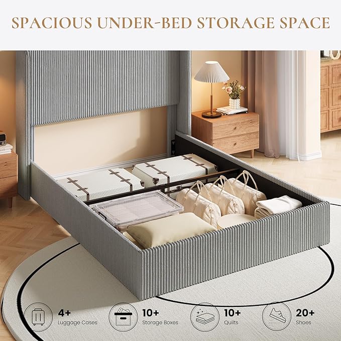 SHA CERLIN Full Size Lift Up Storage Bed Frame, Modern Upholstered Wingback Headboard, Hydraulic Support & Underneath Storage, Soft Corduroy Fabric Platform Bed, No Box Spring Needed, Light Grey