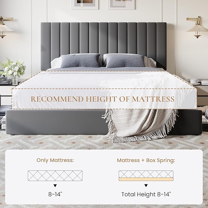 SHA CERLIN King Size Platform Bed Frame with 4 Storage Drawers, Vertical Channel Tufted Adjustable Headboard, Velvet Upholstered, Wooden Slats Support, No Box Spring Needed, Easy Assembly, Grey