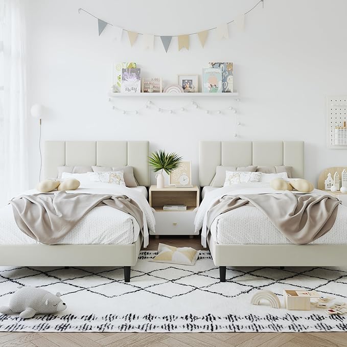 Twin Bed Frame, Padded Platform Bed Frame with Velvet Headboard, Vertical Quilted Design, Sturdy Slatted Mattress Base, No Spring Mattress Required, Easy to Assemble, Beige