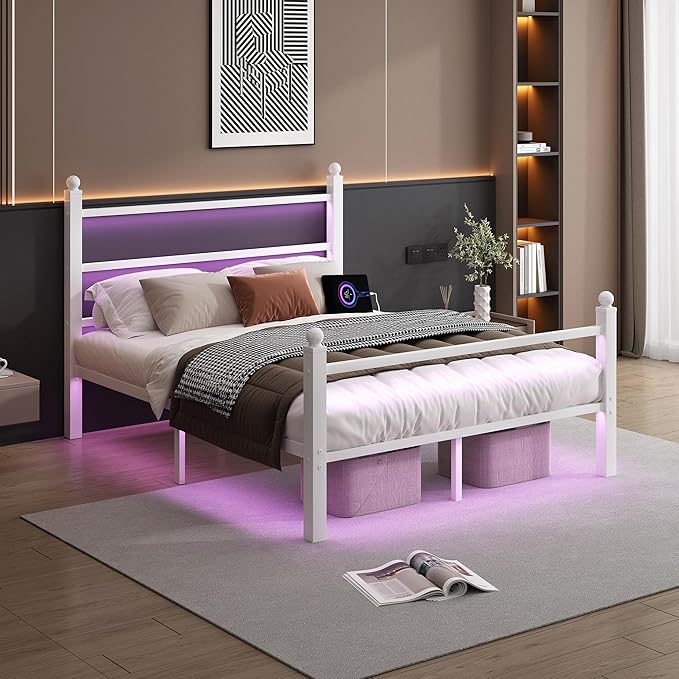 CLIBFENG Queen Size Bed Frame with Headboard and Footboard,Steel Slats Support-LED Bed Frame with USB Charging Station,Mattress Foundation-Under Bed Storage,No Box Spring Needed,Noise Free,White