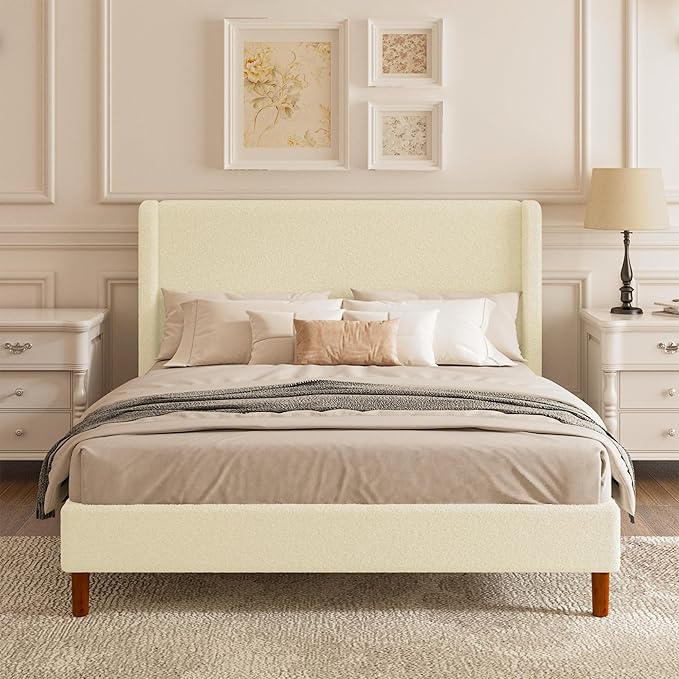 Full Boucle Upholstered Platform Bed Frame with Adjustable Wingback Headboard, Cloud Bed with Solid Wood Legs, No Box Spring Needed, Easy Assembly, Beige