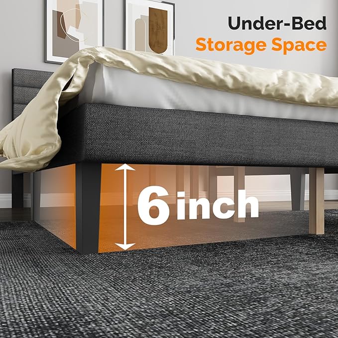 VINGLI Twin Bed Frames for Kids with Headboard, Mattress Foundation with Cozy Linen Upholstered,No Box Spring Needed,Stable Wooden Slats Support, Dark Gray