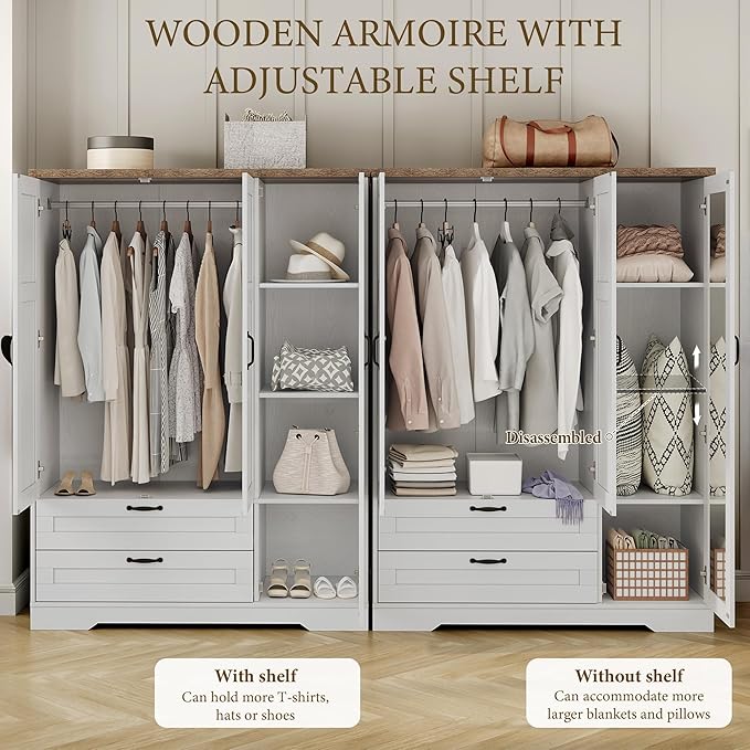 Yechen 3-Door Wooden Armoire Wardrobe Closet with Drawers and Shelves, Bedroom Armoires Closet with Mirror for Hanging Clothes, Coat, Farmhouse Wardrobe Cabinet for Large Storage Needed
