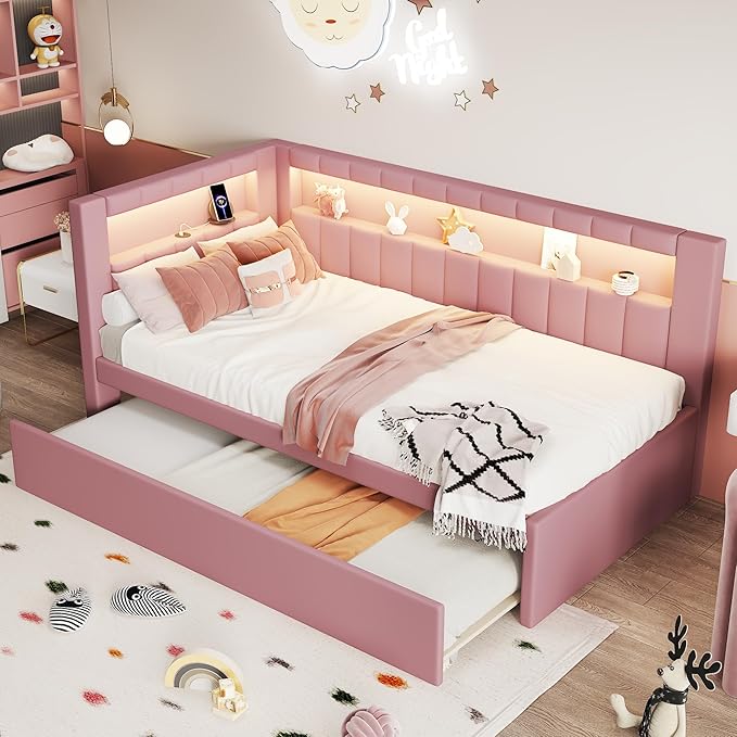 Merax Twin Size Modern Upholstered Platform Bed with USB Ports & Trundle Bed, Floor Daybed with Wood Slat Support, Storage Bed Frame with Headboard/Twin, Pink