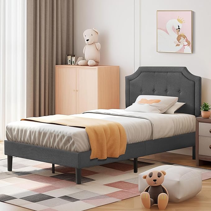 VECELO Twin Size Platform Bed Frame with Fabric Upholstered Headboard and Wooden Slats Support, No Box Spring Needed/Easy Assembly,Grey