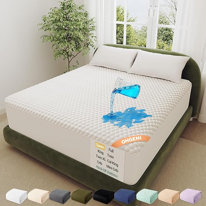 OhGeni 100% Waterproof Queen Size Mattress Protector,Soft Mattress Pad, Cooling Breathable Fitted Sheets,Washable Bed Cover,Non-Slip Deep Pocket,Noiseless for Bedroom