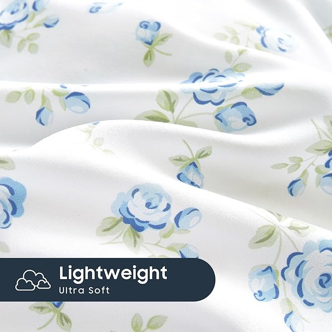 Wake In Cloud - Coquette Duvet Cover Set, Floral Cottagecore Flower Shabby Chic Cute Aesthetic, Soft Lightweight Bedding for Women Teen Girls, 3-Piece, White Blue, Twin/Twin XL Size
