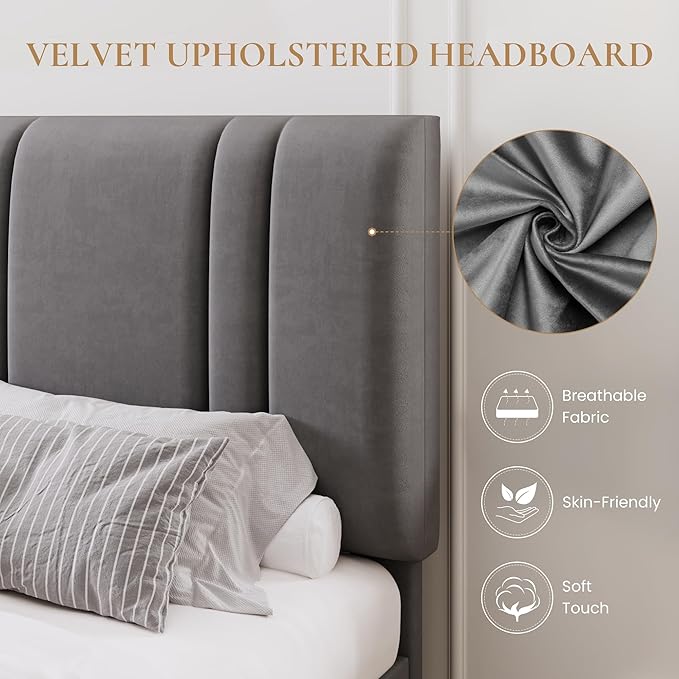 SHA CERLIN Full Size Platform Bed Frame, Velvet Upholstered Bed with Adjustable Headboard, Vertical Channel Tufted Design, Sturdy Wood Slat Support, No Box Spring Needed, Easy Assembly, Light Grey