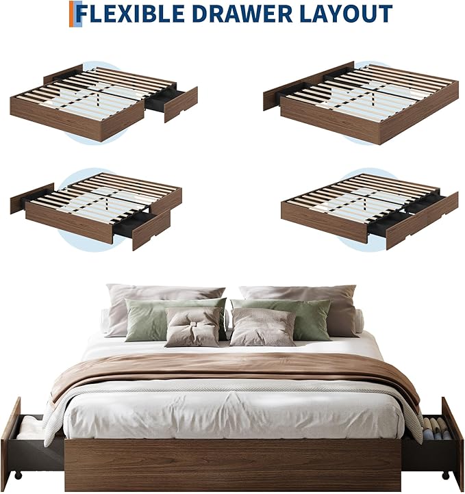 IDEALHOUSE Full Bed Frame with 2 Storage Drawers, Wooden Bed Frame Without Headboard, Minimalist Floor Platform Bed, Wood Slat Support, Noise Free, No Box Spring Needed, Easy Assembly