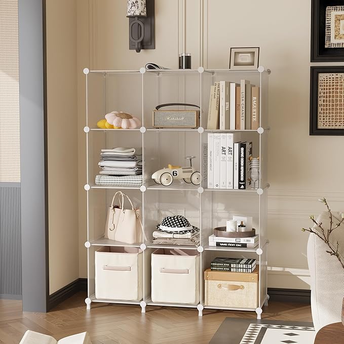 AWTATOS 8 Cube Storage Organizer, Closet Organizer Storage Shelf, Bookcase Bookshelf, DIY Stackable Storage Cubes Shelves for Closet, Bedroom, Home, Office, Transparent Twill