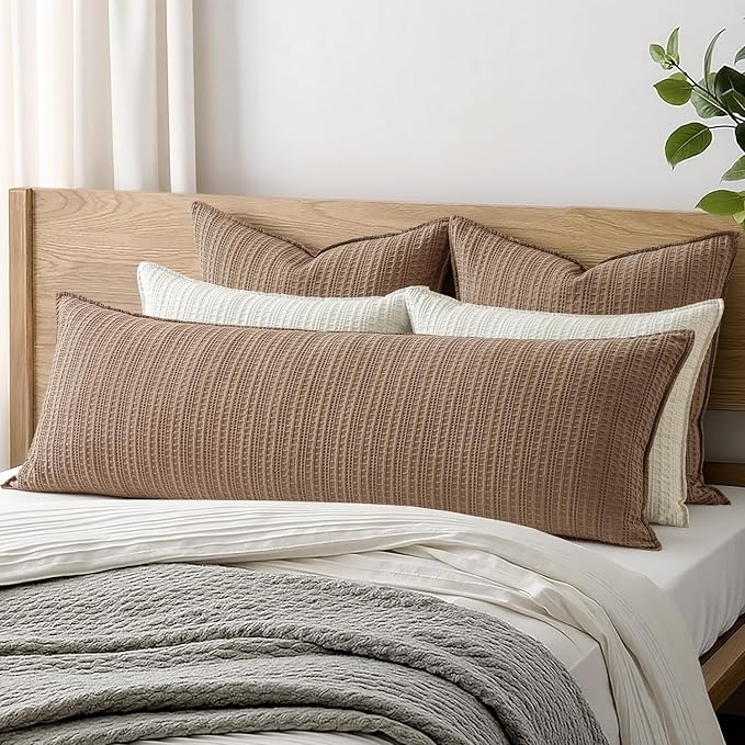100% Cotton Waffle Weave Body Pillowcase, 1 Pack 20x54 Decorative Body Pillow Cover for Bed Couch Sofa, Neutral Long Cushion Sham Modern Farmhouse Home Decor, Brown