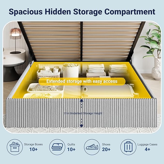 Allewie Queen Size Lift-Up Storage Bed Frame with Modern Wingback Headboard, Corduroy Upholstered Platform Bed, Hydraulic Gas Lift Support, Underbed Storage, Wooden Slats, No Box Spring Needed, Grey