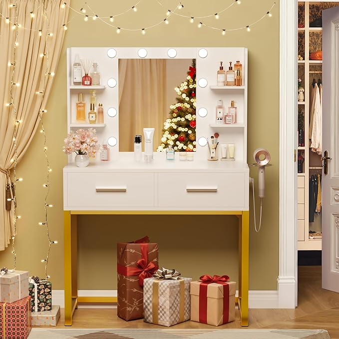 YESHOMY Vanity Desk with Mirror, Makeup Table with 2 Large Drawers, Power Outlet and Round Holder, 3 Color Modes Adjustable Bulb, Milk White & Gold Frame