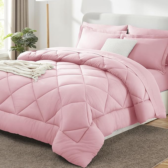 CozyLux Oversized Queen Comforter Set Pink, 7 Pieces Bed in a Bag Comforter Set with Sheets Luxury Bed Set All Seasons, Bedding Set with Down Alternative Comforter, Sheets, Pillowcases & Shams