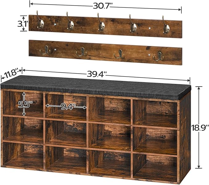 HOOBRO Shoe Storage Bench with Cushion, 39.4" L Entryway Bench with 12 Cubbies, Entryway Hall Tree with Storage, Shoe Cabinet with Coat Rack for Bedroom, Hallway, Holds up to 330 lb, BF112HX01G1