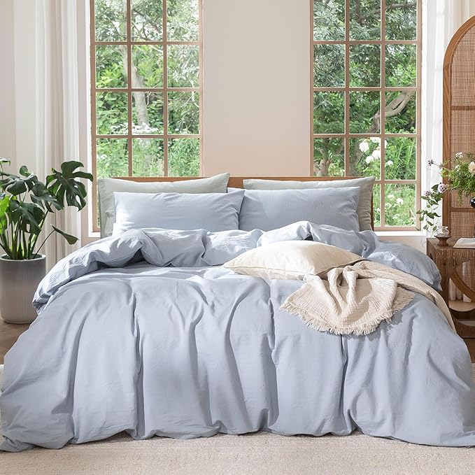 MooMee Bedding Duvet Cover Set 100% Washed Cotton Linen Like Textured Breathable Durable Soft Comfy (Heathered Cornflower Blue, Super King 108"x98")