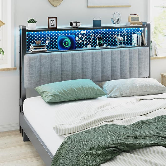 VINGLI King Size Headboard Only, Adjustable Upholstered Headboard with 2 Tier Shelves and Pegboard with Charging Stations and LED Lights, Modern Bed Headboard with Storage for Bedroom Decor