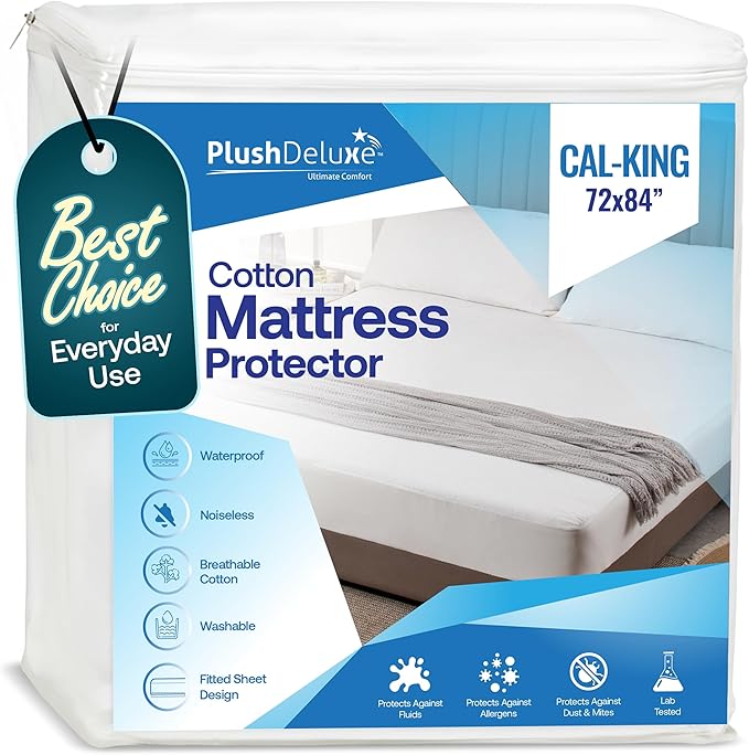 PlushDeluxe California King Mattress Protector, Breathable Soft Terry Cotton Fitted Sheet Bed Cover with Deep Stretchable Pockets, 100% Waterproof, Noiseless, Hypoallergenic, Mite Proof, 72"x84"x15"