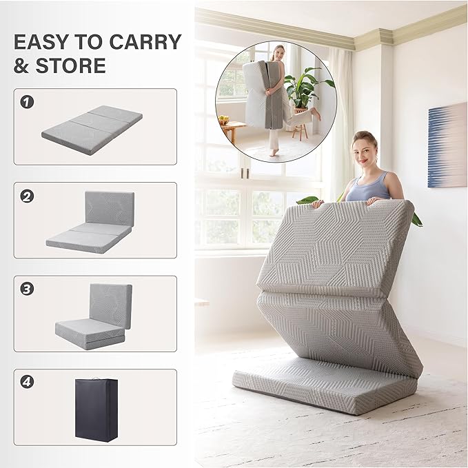 MLILY Tri-Fold Memory Foam Topper, 4 inch King Folding Mattress Topper with Collapsible and Washable Cover, Travel and Guest Mat, 80"×76"×4", Grey