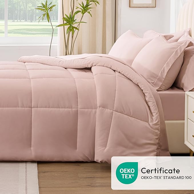 Love's cabin Twin Comforter Set Blush Pink, 5 Pieces Twin Bed in a Bag, All Season Bedding Sets with 1 Comforter, 1 Flat Sheet, 1 Fitted Sheet, 1 Pillowcase and 1 Pillow Sham | Soft, Breathable, Lightweight, Comfortable