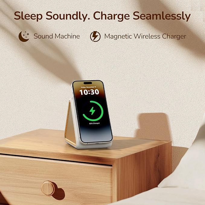 Housbay Sound Machine with Magnetic Wireless Charger for iPhone, 2-in-1 Design for Clutter-Free Nightstand, Dual-Speaker Stereo Sound for Sleeping - Cream