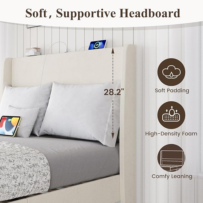 MALOL Full Size Bed Frame with Upholstered Headboard, Linen Fabric Platform Bed Frame with USB Charging Ports, No Box Spring Needed, Sturdy Metal Support, Noise Free, Modern Bedroom Furniture,White