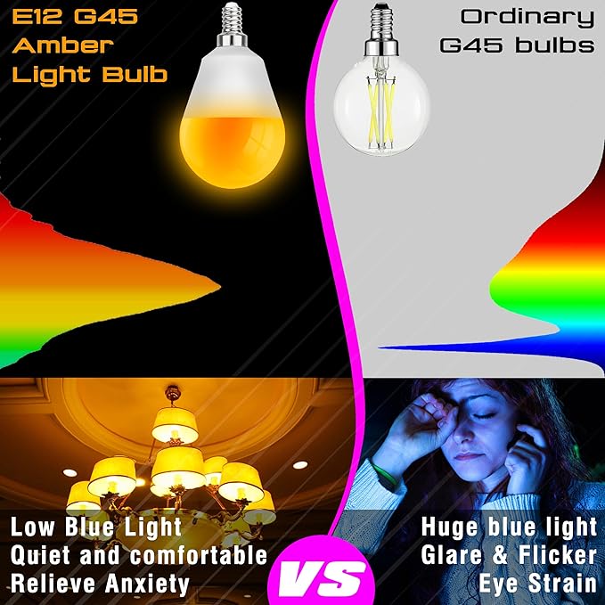 E12 Small Candelabra Base Amber Sleep Light Bulbs, 1800K Blue Light Blocking, G45 Warm Night Light Bulbs 25W-40W Equivalent, 3W 300LM E12 Amber Bulb for Healthy Sleep, Bedroom, Non-Dimmable, 2 pack