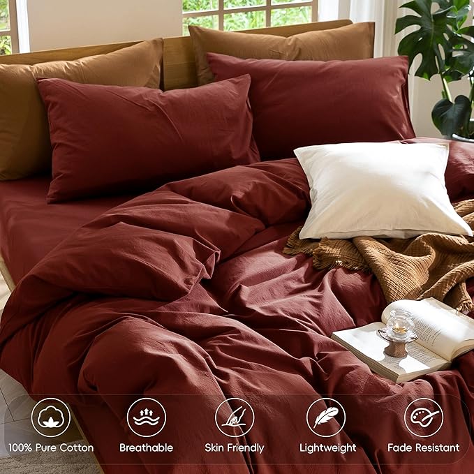 MooMee Bedding Duvet Cover Set 100% Washed Cotton Linen Like Textured Breathable Durable Soft Comfy (Solid Fired Brick Red, Full 80"x90")