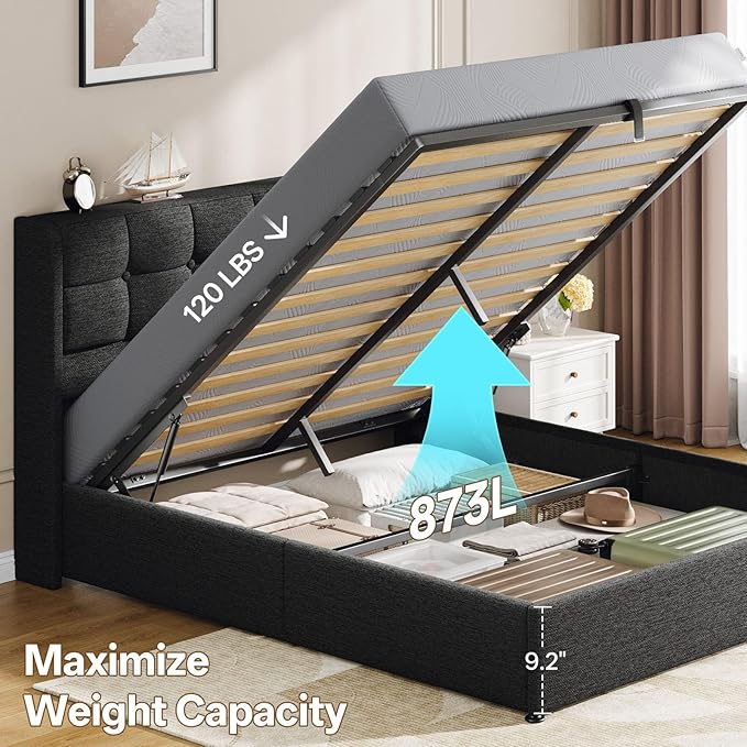 Lift Up King Size Bed Frame with Storage, Upholstered King Bed Frame with Wingback Headboard, No Box Spring Needed, Easy Assembly - Dark Grey