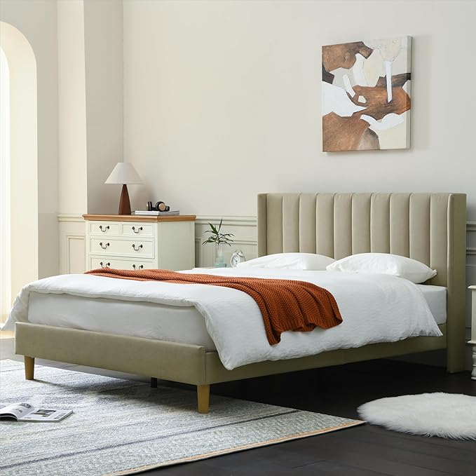 YUHUASHI upholstered Platform Bed Frame/Queen Bed Frame/Modern Geometric Double-Wing Design headboard/Linen Fabric/Easy to Assemble no Noise (Beige, Queen (U.S. Standard))