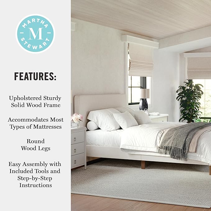 Martha Stewart Britta Platform Bed with Headboard & Footboard, Faux Linen Upholstery with Piping Detail, Rounded Headboard, No Box Spring Needed, Queen, Beige