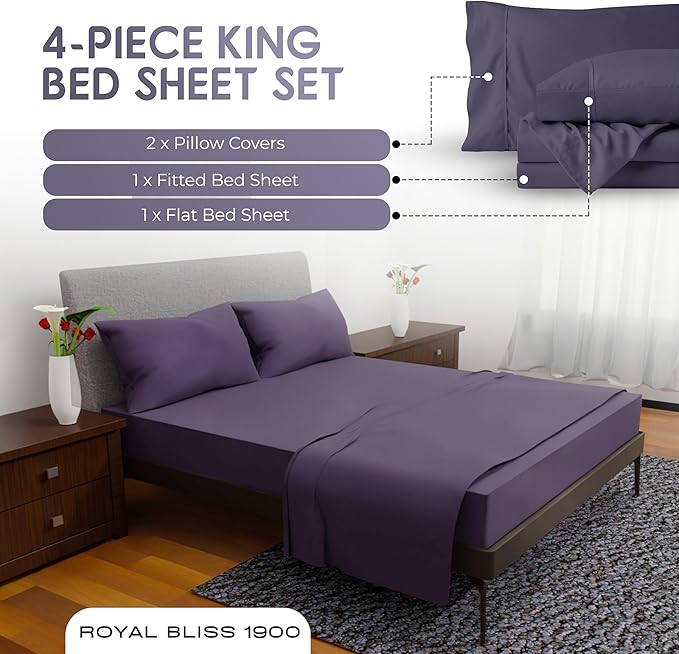 Royal Bliss King Size Sheets Set - 4 Piece Bedding - Wrinkle Free, Double Brushed, Cooling, Deep Pocket, Plum