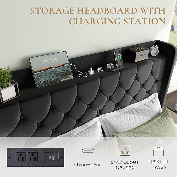 SHA CERLIN Full Size Platform Bed Frame with Charging Station, Velvet Wingback Headboard with Storage Shelf, Wooden Slats Support, Ample Under-Bed Space, No Box Spring Needed, Easy Assembly, Black