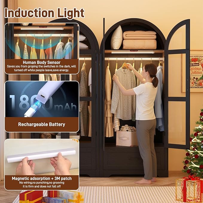 chartustriable 2 Doors Arched Armoire Wardrobe Closet w/Drawers,LED Light,Wooden Closet Wardrobe Cabinet with Hanging Rod for Bedroom,Modern Armoire Storage Cabinet w/Shelf,Black