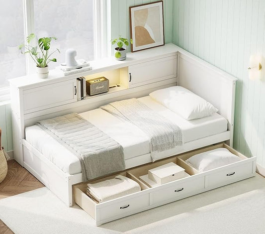 Merax Full Size Corner Bed Frames with Storage Drawers, USB Port, Led Downlight Headboard & Bookcase, Wooden Captain Daybed for Small Room, Bedroom, Kids'Room, Box Spring Not Required Bed Frames