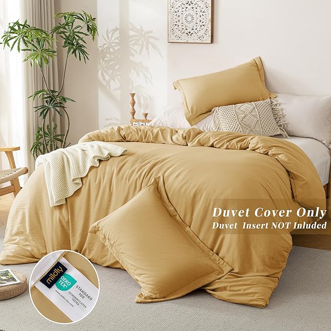MILDLY Super Soft Duvet Cover - 100% Washed Microfiber Warm Mustard Yellow Comforter Cover Set 3 Pieces with Zipper Closure & Corner Ties (No Comforter)