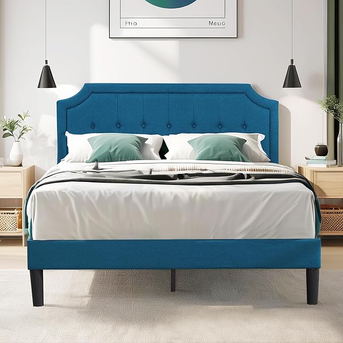 VECELO Full Size Platform Bed Frame with Fabric Upholstered Headboard and Wooden Slats Support, No Box Spring Needed/Easy Assembly,Blue